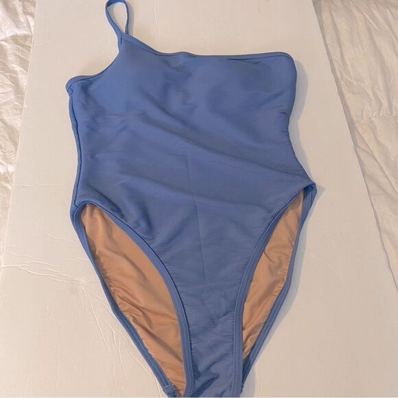 J. Crew Ribbed blue one strap one piece Swimsuit padded L 10 - Picture 5 of 11